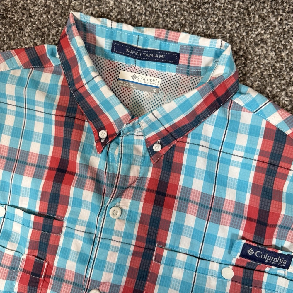 Columbia‎ PFG Super Tamiami Plaid Shirt Mens L Short Sleeve Blue Red Outdoor